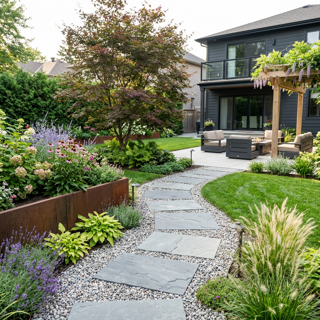 Backyard garden with stone pathway, flower beds, and outdoor seating under pergola
