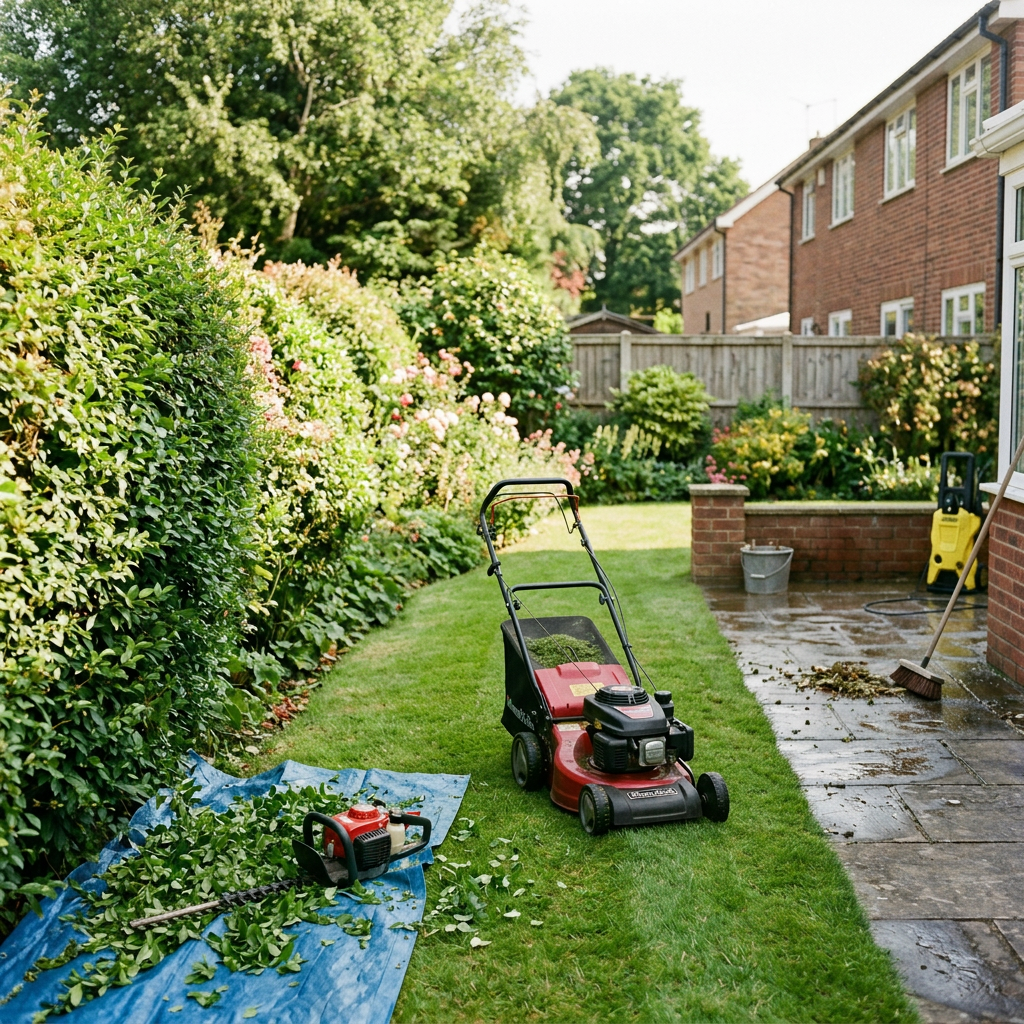 Person trimming a hedge with an electric trimmer; person cleaning patio with pressure washer